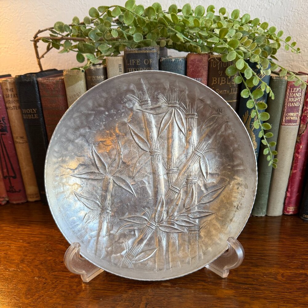 Vintage Silver Metal Decorative Bamboo Plate